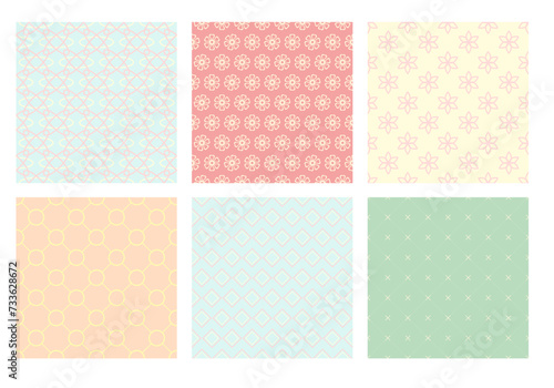 Set of seamless patterns of blue, ivory, pink and green color. Childish style tiling pattern collection. Endless texture can be used for pattern fills, web page background, fabric texture. Vector EPS8