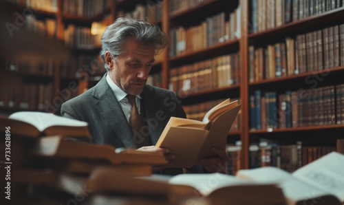 Scholarly Pursuits: Distinguished Gentleman Reading in a Library