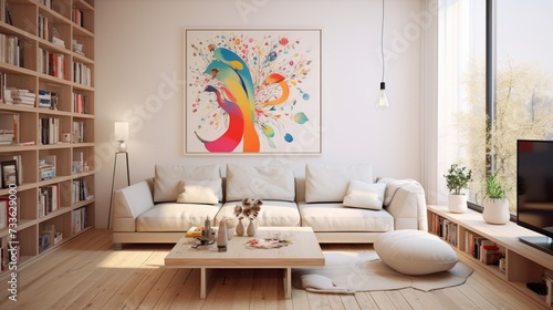 The interior of a bright living room with a large sofa, a bookshelf, abstract paintings on the wall, a lamp, indoor plants, an armchair and a coffee table in white colors. Modern house design.