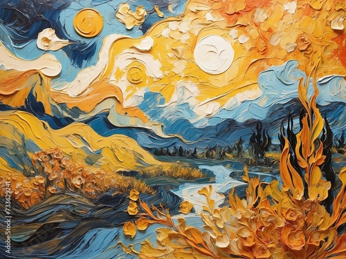 Beautiful nature painting with van gogh starry night style illustration
