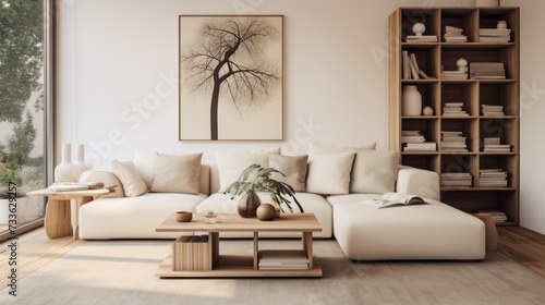 The minimalistic interior of a bright living room with a large sofa, a bookshelf, abstract Paintings on the wall, a lamp, indoor plants, a coffee table in white colors. Modern house design.