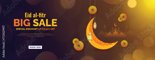 Eid Mubarak big sale offer banner or poster design with mosque or lantern dark color Islamic background social media banner vector illustration 