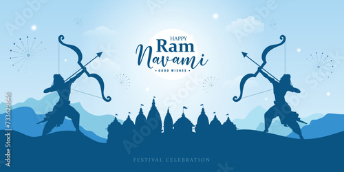 Happy Ram Navami wishes or greeting blue color social media banner or poster design with bow or temple vector illustration photo