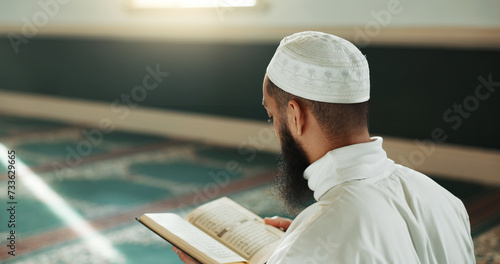 Photography Islamic man, kiss quran and mosque for faith, reading or mindfulness with worship, praise or back for study