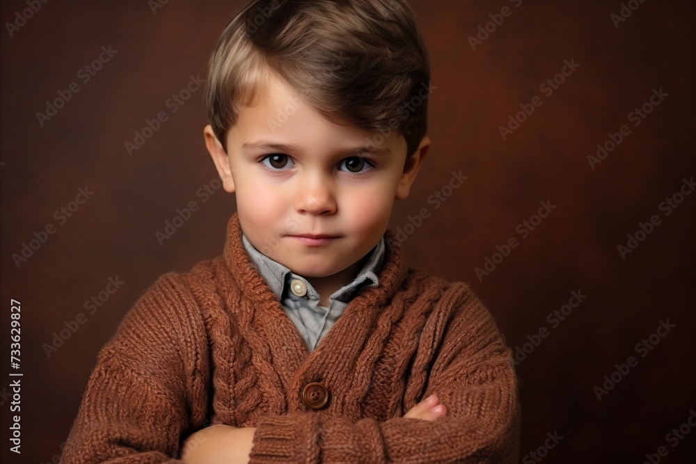 Portrait of a cute little boy in a brown sweater. Studio shot. Portrait of a cute little boy in a brown sweater. Studio shot.
