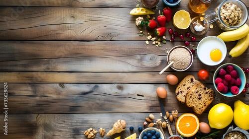 Healthy breakfast ingredients food frame on wooden rustic background, top view, copy space.