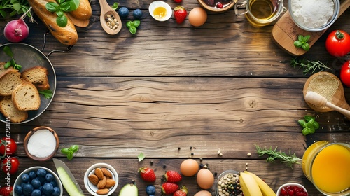 Healthy breakfast ingredients food frame on wooden rustic background, top view, copy space.