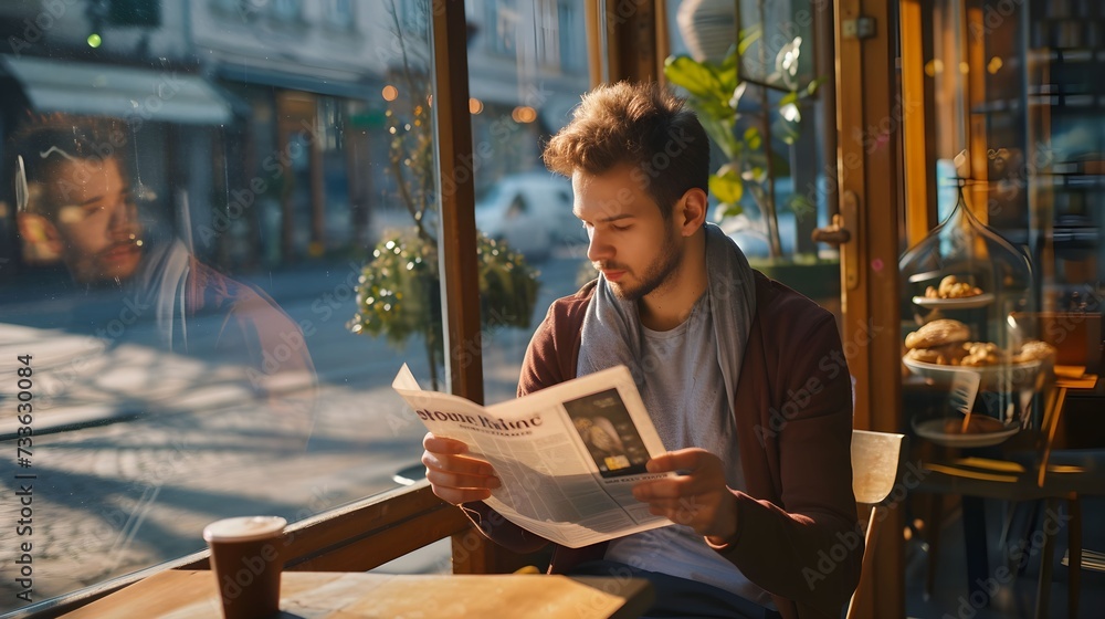Handsome young man reads the morning newspaper, savoring the aroma of freshly brewed coffee in a cozy bakery on the street corner. - obrazy, fototapety, plakaty 