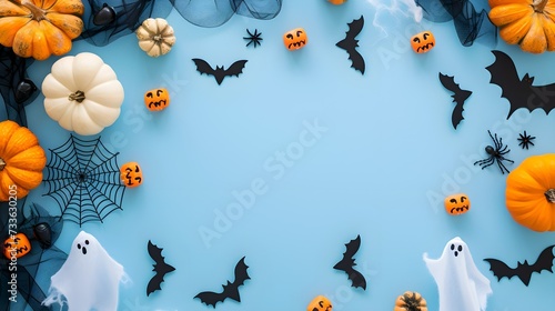 Halloween holiday frame with party decorations from pumpkins, bats, spider web and ghosts top view. Happy halloween greeting card on blue background flat lay style