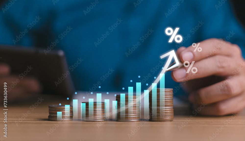 Bank raises rates. Interest rate and dividend concept, high investors seek returns. Mutual funds boost dividends. Calculating income and return on investment in percentage. Pension growth emphasized. - obrazy, fototapety, plakaty 