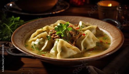 Maultaschen Swabian specialty, cinematic food photography with studio lighting and background