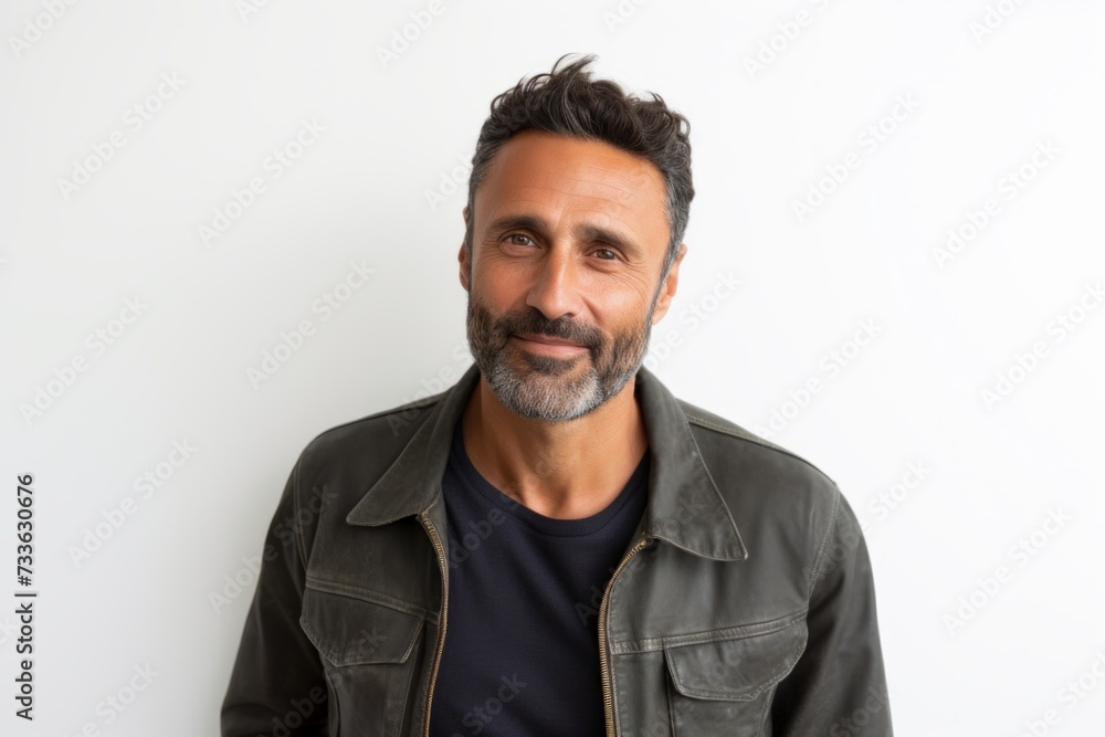 Portrait of a middle-aged man in a leather jacket on a white background