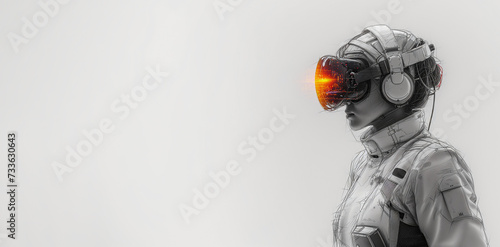 Line art sketch of Female doctor wearing virtual reality glasses isolated on bright white background. Copy space, banner. Innovative technologies photo