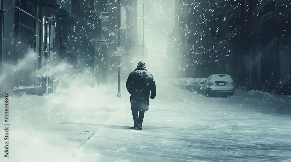 Frozen city, a lonely man walks down the street wrapped in a jacket, snowstorm, gusty wind