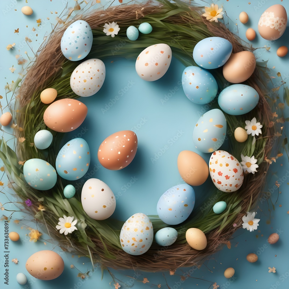 Easter poster background template with Easter eggs in the nest on light blue background. Greetings and presents for Easter Day