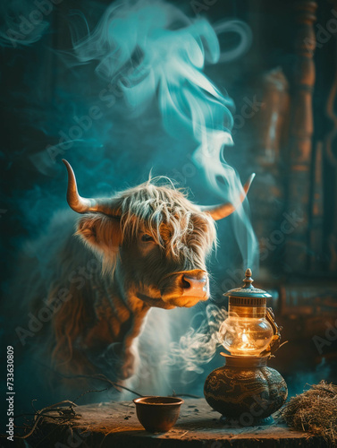 Fotomurale Mystical smoke from a genie lamp conjures a hologram highland cow a surreal visi