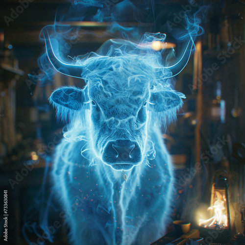 Smoke from a genie lamp morphs into a highland cow hologram a mystical encounter photo