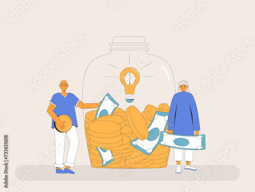 Savings for idea. Family budget. Retirement financial plans. Senior people with moneybox.