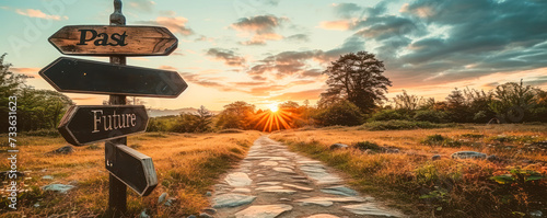 Crossroad signpost with Past and Future directions against a clear sky, symbolizing decision making, time progression, and life choices