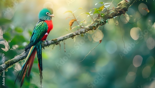 Beautiful bird in nature tropic habitat. Resplendent Quetzal, Pharomachrus mocinno, Savegre in Costa Rica, with green forest background photo