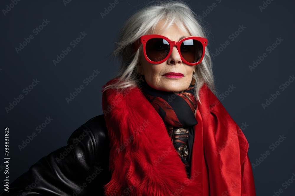 Fashionable senior woman in red sunglasses and fur coat over dark background. Fashionable senior woman in red sunglasses and fur coat over dark background.