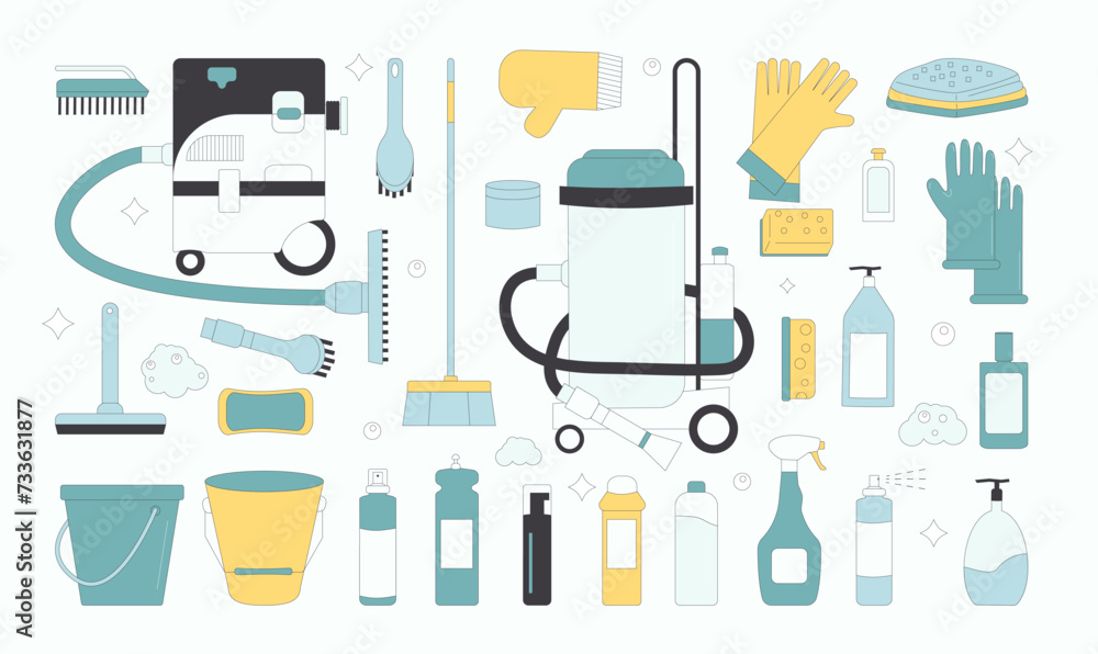 Cleaning tools set isolated on white background. Season wash home items and equipment collection. Vacuum, gloves and brushes with bottles for cleanup. Vector flat with outline illustration Cleaning tools set isolated on white background. Season wash home items and equipment collection. Vacuum, gloves and brushes with bottles for cleanup. Vector flat with outline illustration