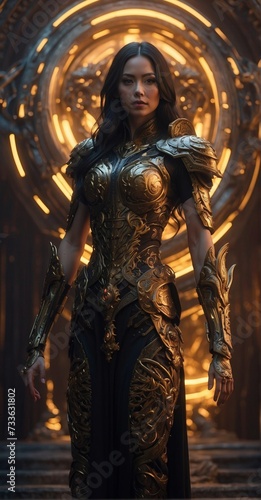 Beautiful female warrior in gold armor.