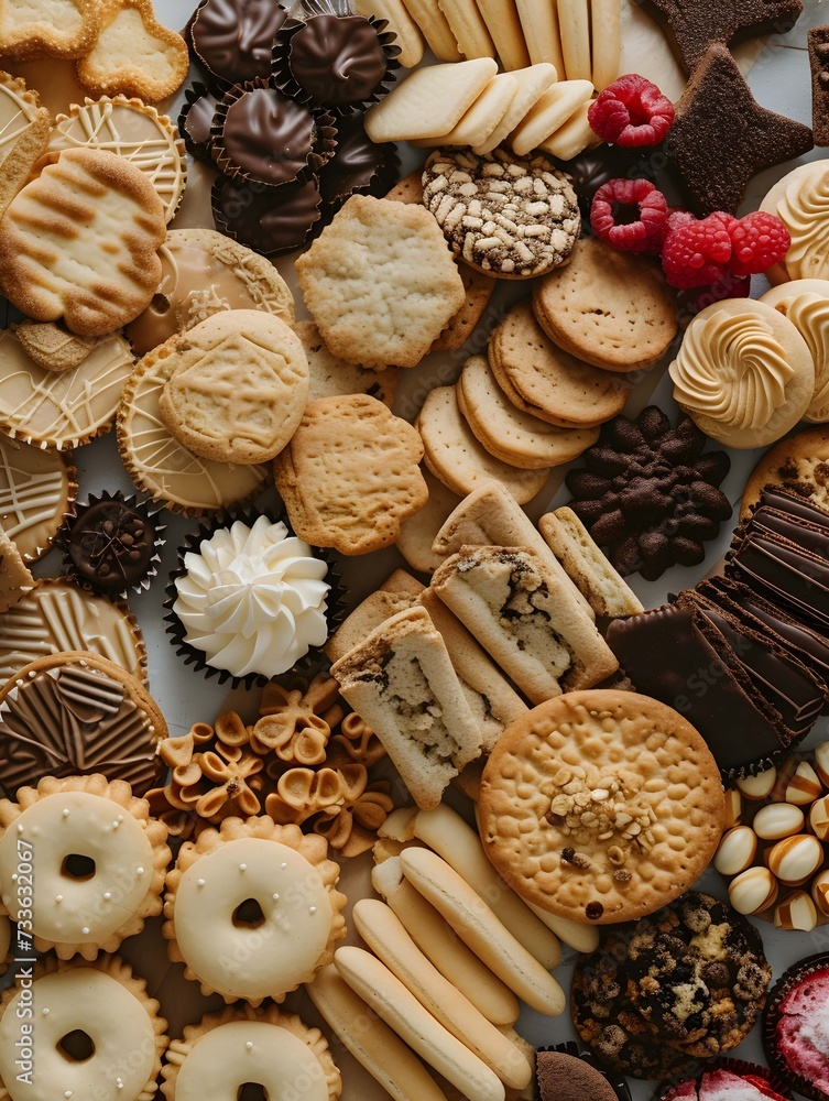 Flat lay shot of an assortment of various biscuits and cookies Flat lay shot of an assortment of various biscuits and cookies