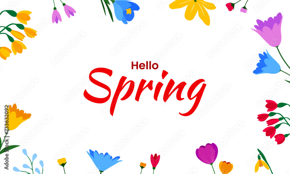 Obraz premium Hello spring background design with colorful floral elements. Spring graphic template for banner, poster, card. Vector illustration
