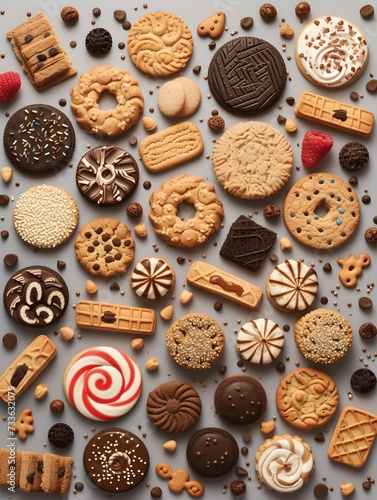 Flat lay shot of an assortment of various biscuits and cookies