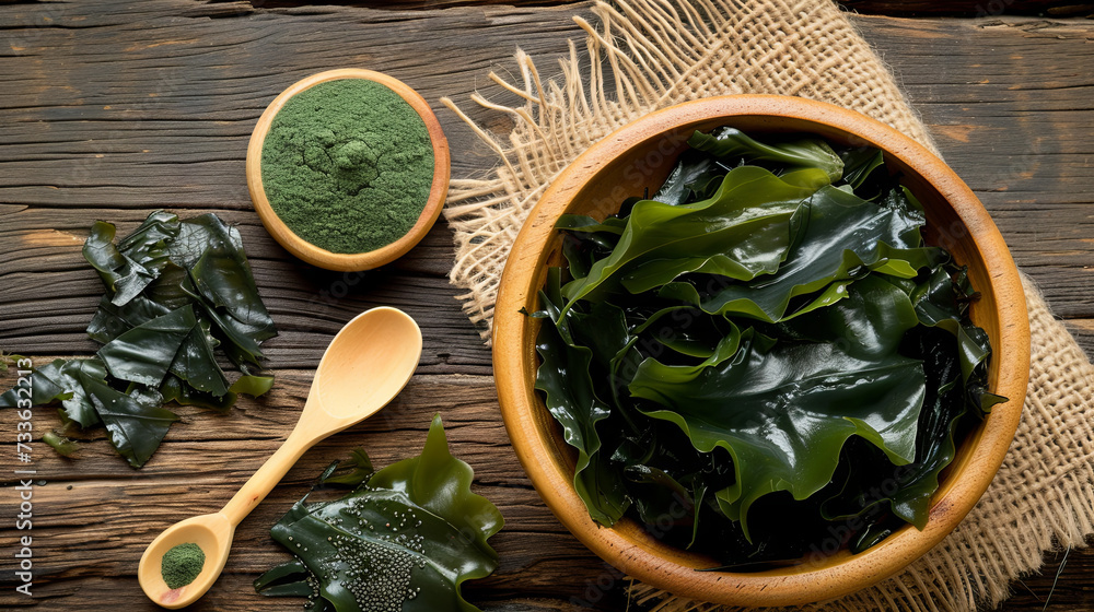 Spirulina powder and kelp on wooden background Spirulina powder and kelp on wooden background