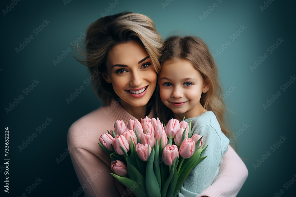 portrait of a mother with her daughter and a bouquet of tulips on a green blue background portrait of a mother with her daughter and a bouquet of tulips on a green blue background