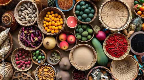 Flat lay of an African market scene with vibrant fruits handwoven baskets spices and local crafts.