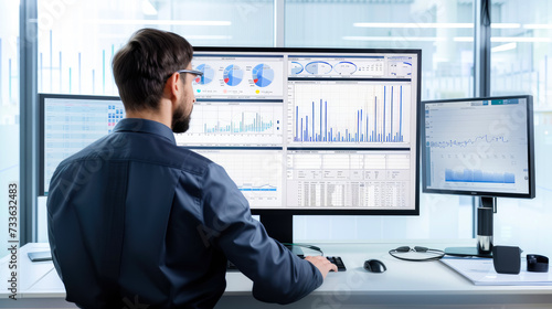 Financial analysts use KPI Dashboard on a virtual screen to analyse financial data with technology