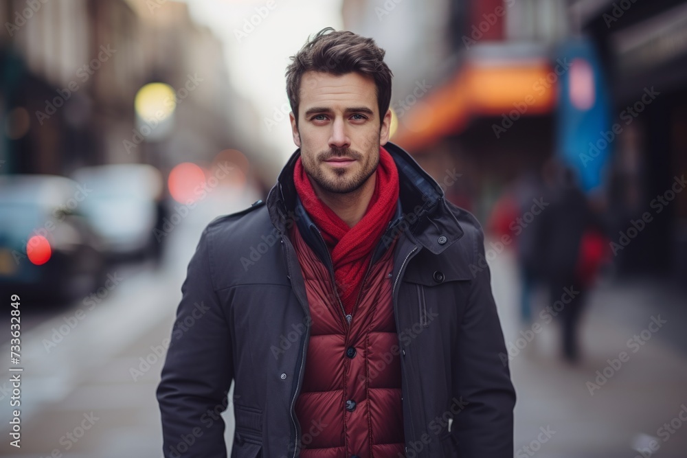 Handsome young man in a black jacket and red scarf on a city street Handsome young man in a black jacket and red scarf on a city street