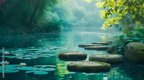Enchanted scene featuring a pond, stones submerged in water, and a forest backdrop
