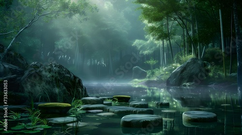 Enchanted scene featuring a pond, stones submerged in water, and a forest backdrop photo