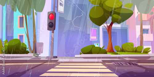 Cartoon rainy city street landscape with sidewalk and traffic light near road with crosswalk. Wet rain weather with thunder and lightning in town. Vector urban scenery with pedestrian pathway.