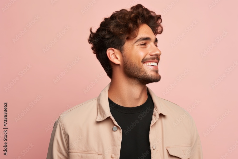 Handsome young man with curly hair smiling and looking away while standing against pink background Handsome young man with curly hair smiling and looking away while standing against pink background