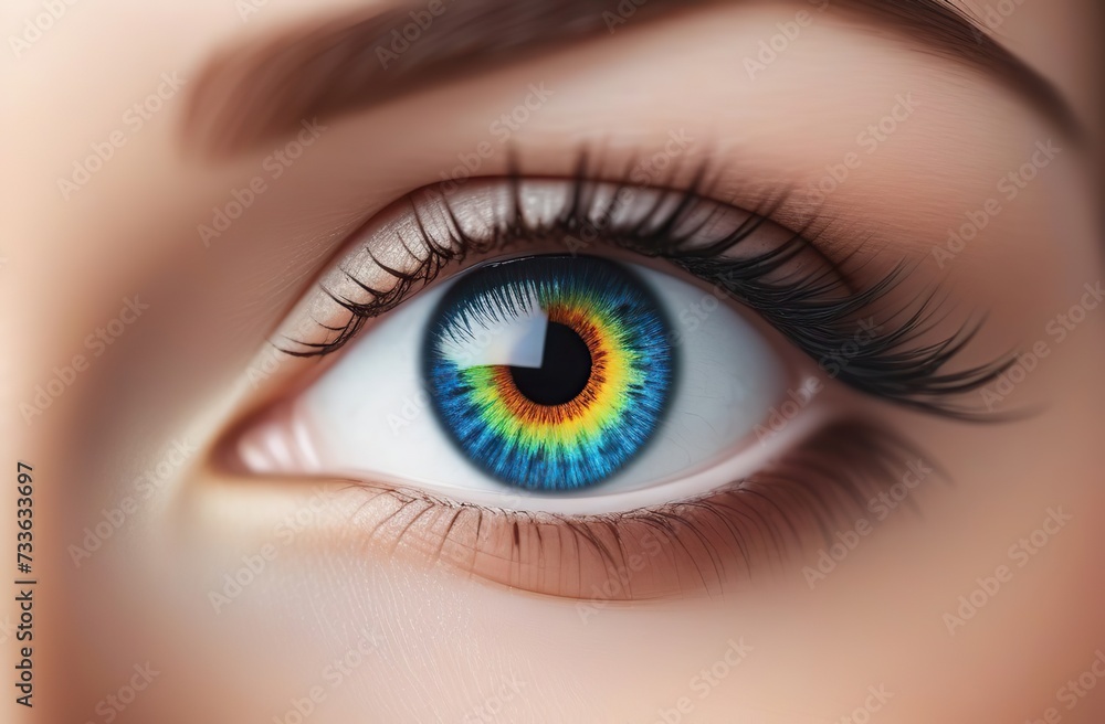 Close up cropped view of eye of woman with rainbow pupil, happiness --no colored shadows on eyelids Close up cropped view of eye of woman with rainbow pupil, happiness --no colored shadows on eyelids
