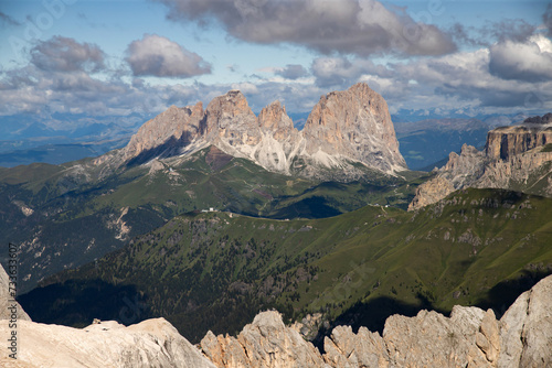 The three peaks of the Sassolungo (Langkofel) in the Dolomites, Italy.