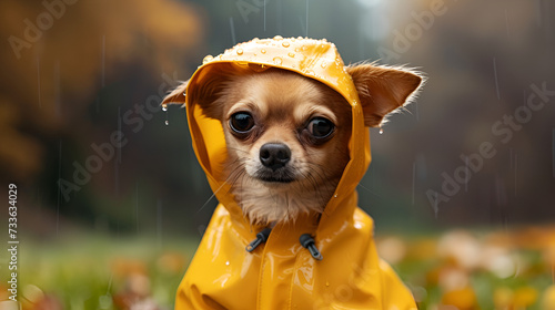 A comical Chihuahua dog dressed in a raincoat striking a pose outdoors next to a puddle, generative ai © Neelam