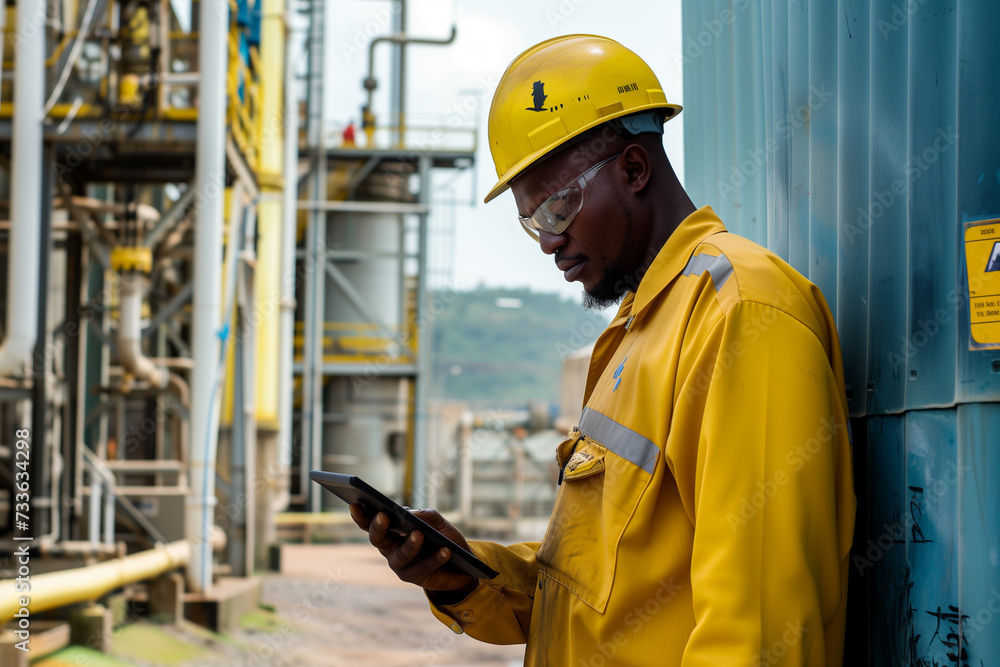 engineer working in oil and gas industrial, a worker using an electronic tablet at an oil facility, engineer working in oil and gas industrial, a worker using an electronic tablet at an oil facility,