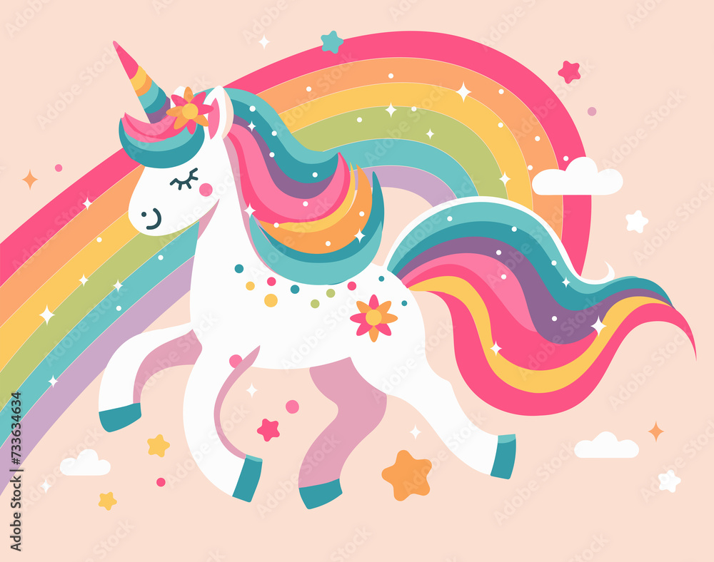 Obraz premium Illustration of a cute unicorn jumping on a rainbow