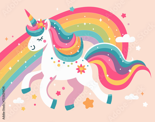 Illustration of a cute unicorn jumping on a rainbow