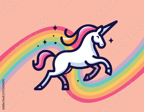 Illustration of a cute unicorn jumping on a rainbow, vector image of 10 colors, suitable for silk screen printing