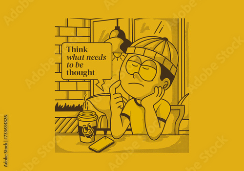 Think what needs to be thought. Vintage illustration of a boy is thinking about something