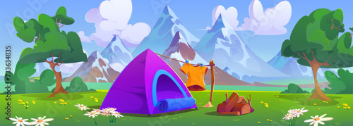 Outdoor camping near mountains and trees with tent, wooden logs for campfire. Cartoon summer or spring landscape for campground or trekking recreation, eco tourism and nature explore concept.