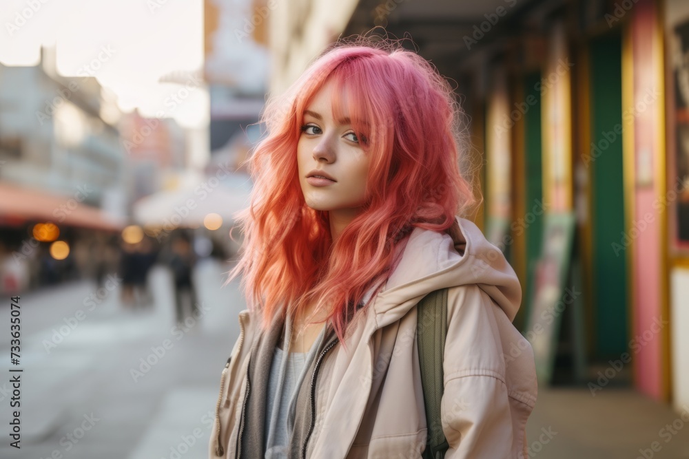 Portrait of a beautiful young woman with pink hair in the city