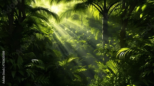 dark rainforest sun rays through the trees rich jungle greenery atmospheric fantasy forest 3d illustration